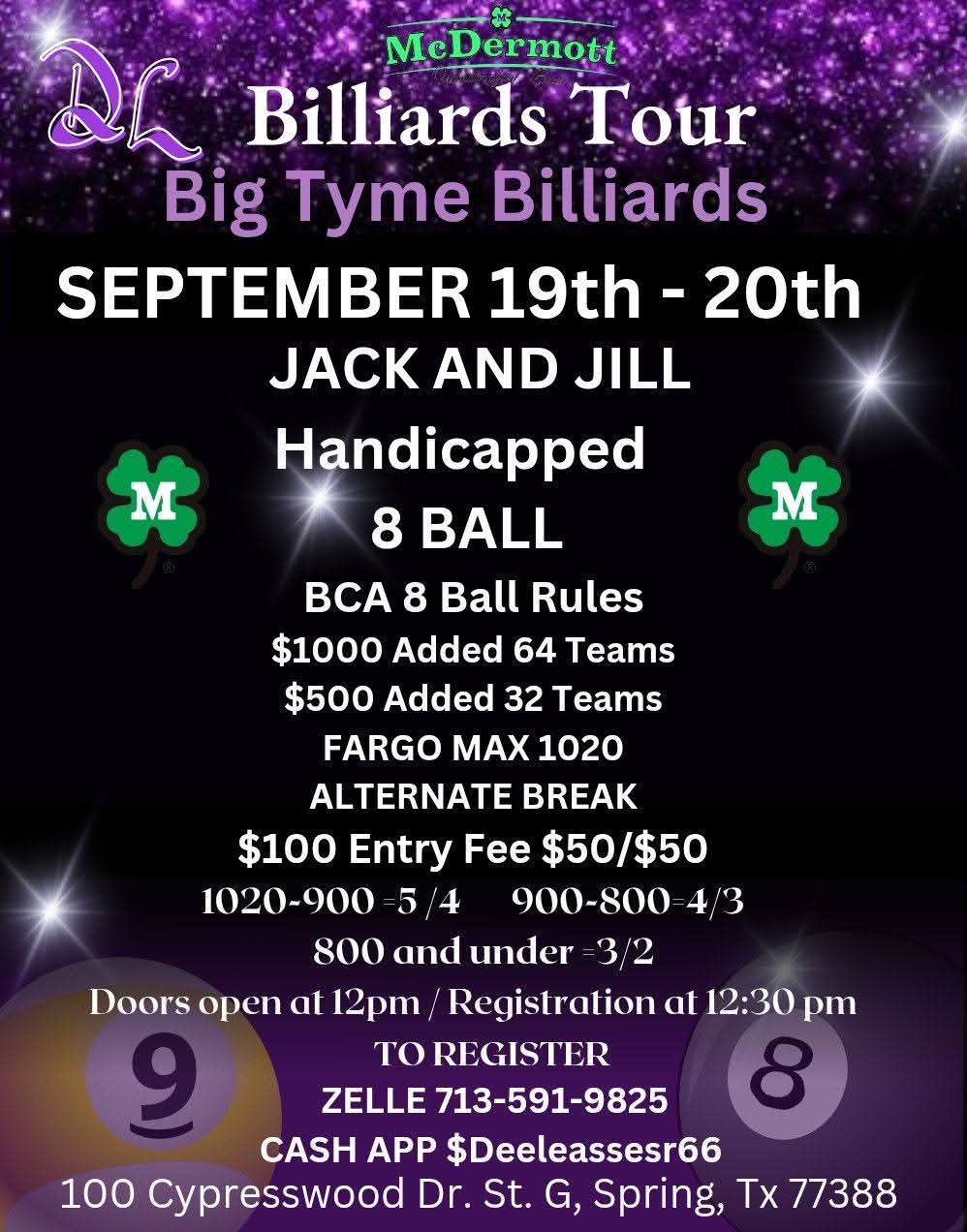 Flyer for McDermott Billiards Tour Jack and Jill Handicapped 8 Ball
