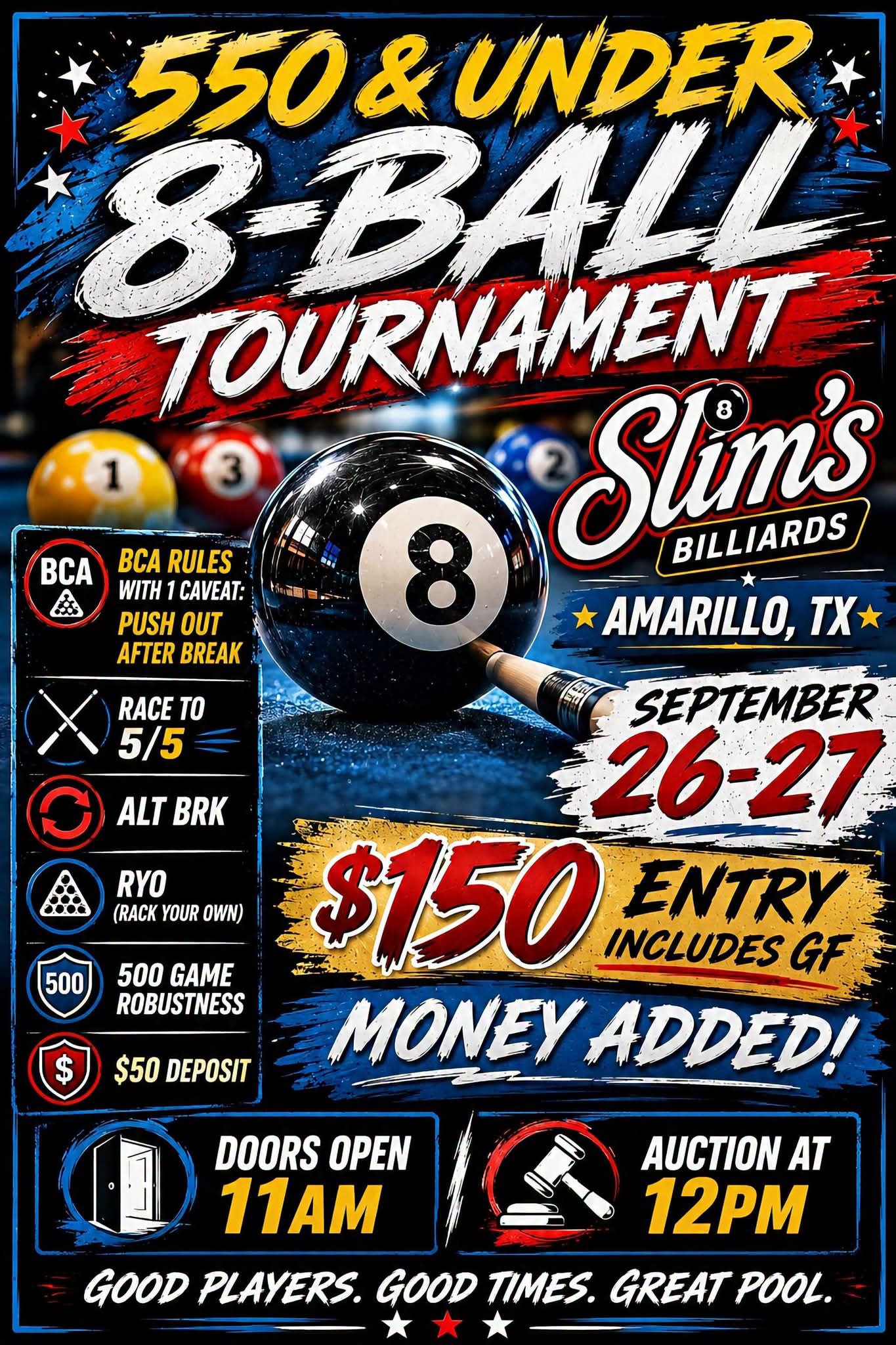 Flyer for 550 & Under 8-Ball Tournament