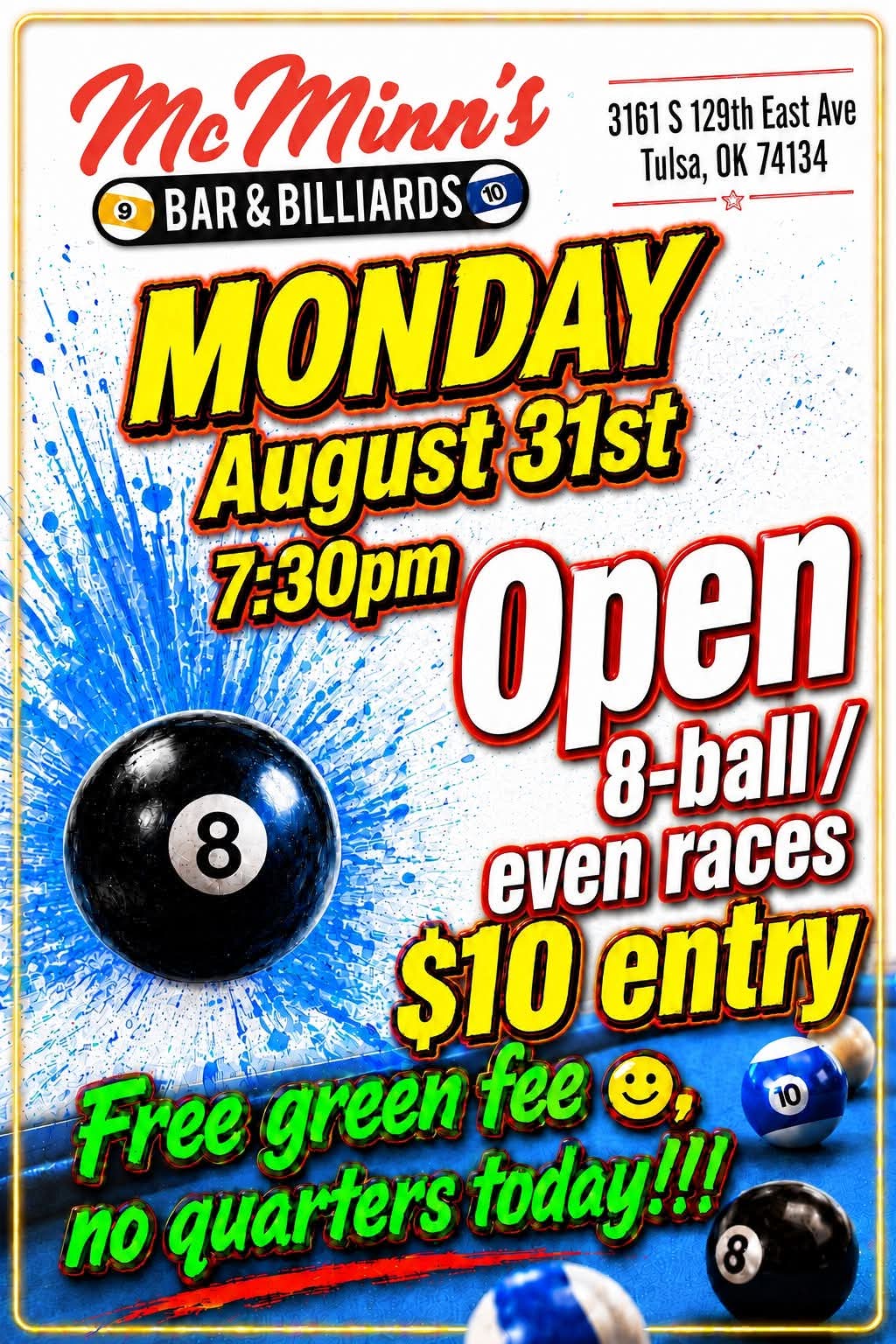 Flyer for Monday Open 8-Ball