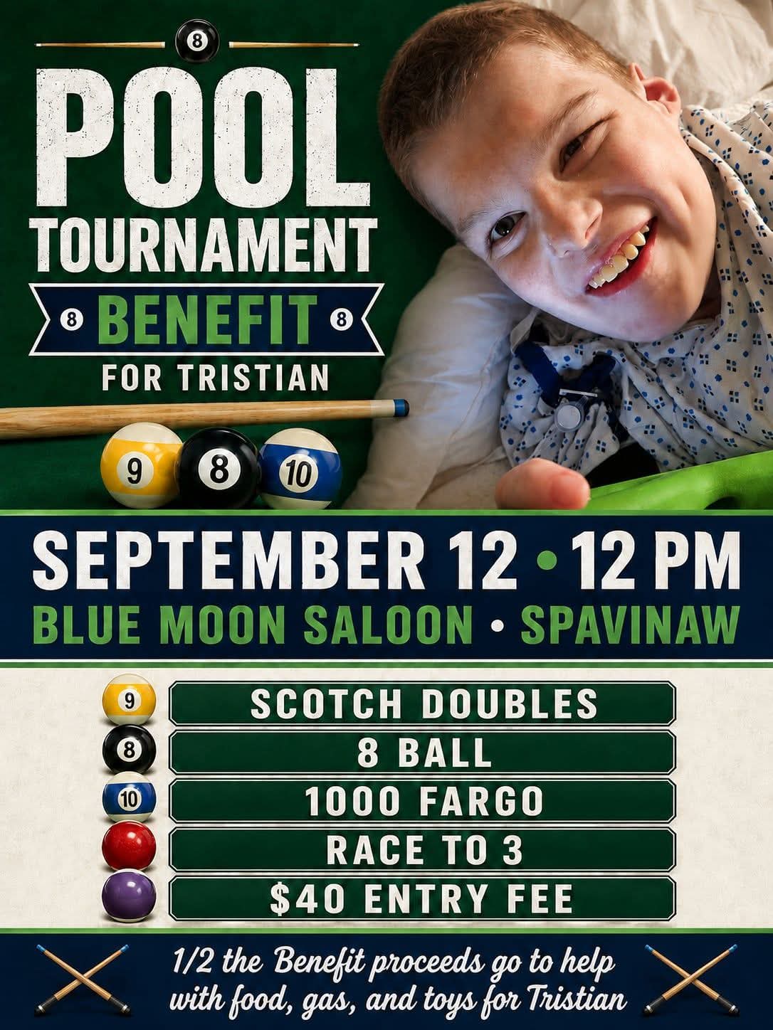 Flyer for Pool Tournament Benefit for Tristian